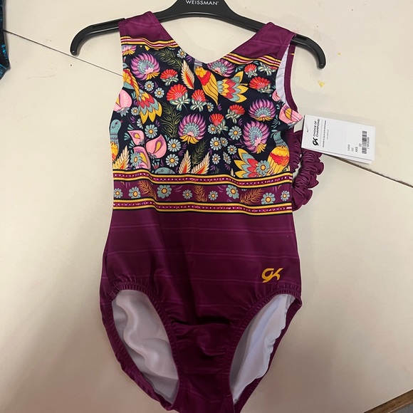 NWT GK gymnastics tumbling dance leotard floral exploration w/Scrunchie sz AS - Picture 3 of 11